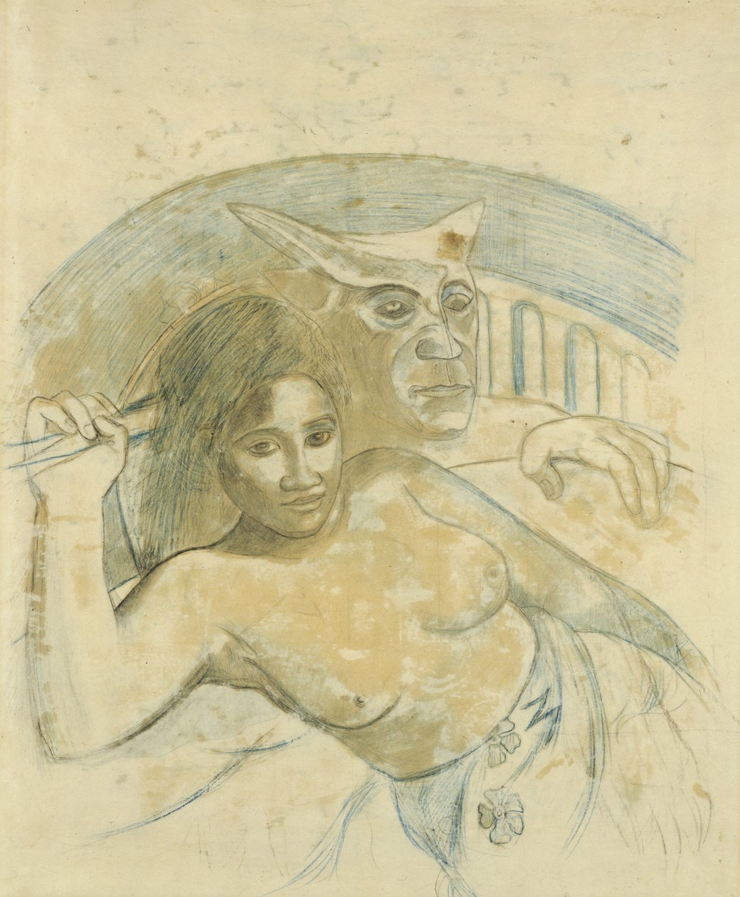 Tahitská žena se zlým duchem od Paul Gauguin