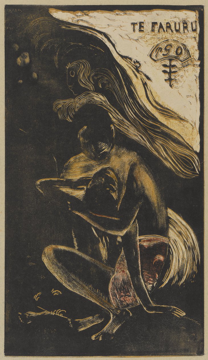 Te Faruru (Zde se milujeme), zima 1893-94 (dřevoryt tištěný černě, světle hnědě, žlutě a červeně na krémovém vliesovém papíře na béžovém kartonu) od Paul Gauguin