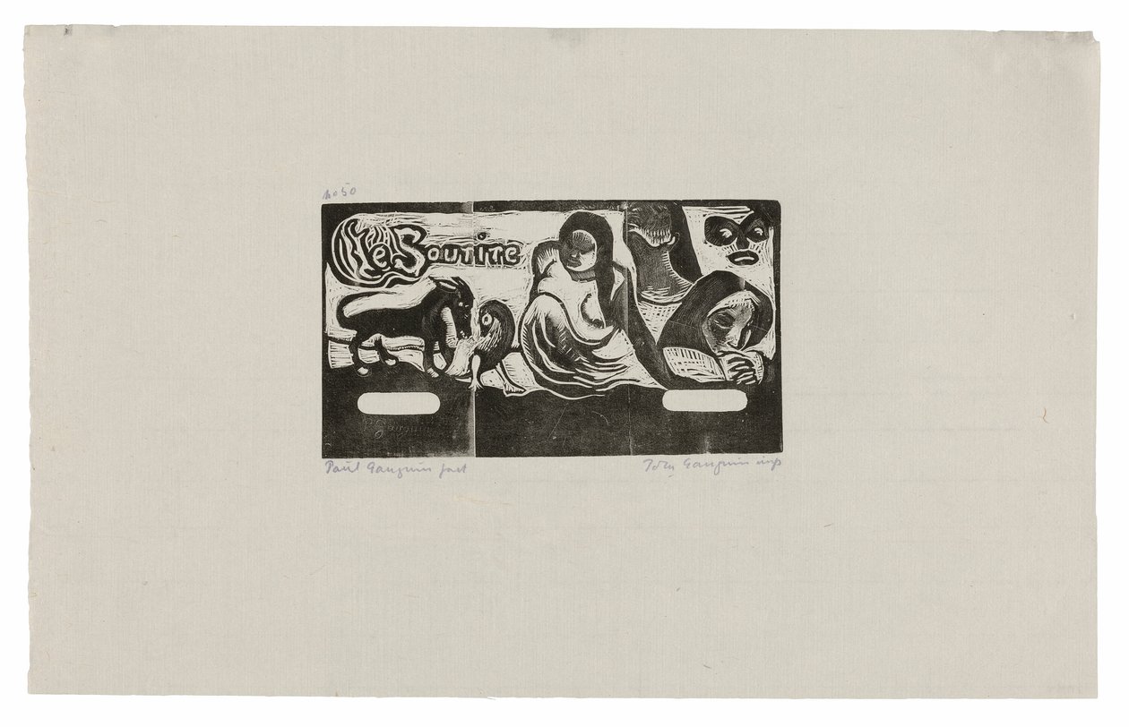 Tři lidé, maska, liška a pták, čelenka pro Le sourire od Paul Gauguin