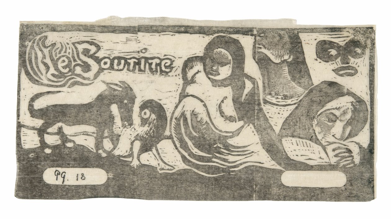 Tři lidé, maska, liška a pták, čelenka pro Le sourire od Paul Gauguin