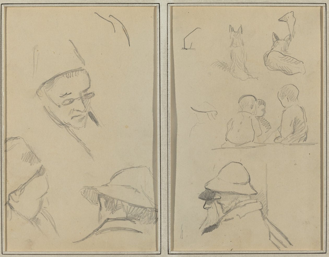 Tři studie mužských hlav, jedna s brýlemi; Psi, děti a dva vousatí muži v profilu [verso] od Paul Gauguin