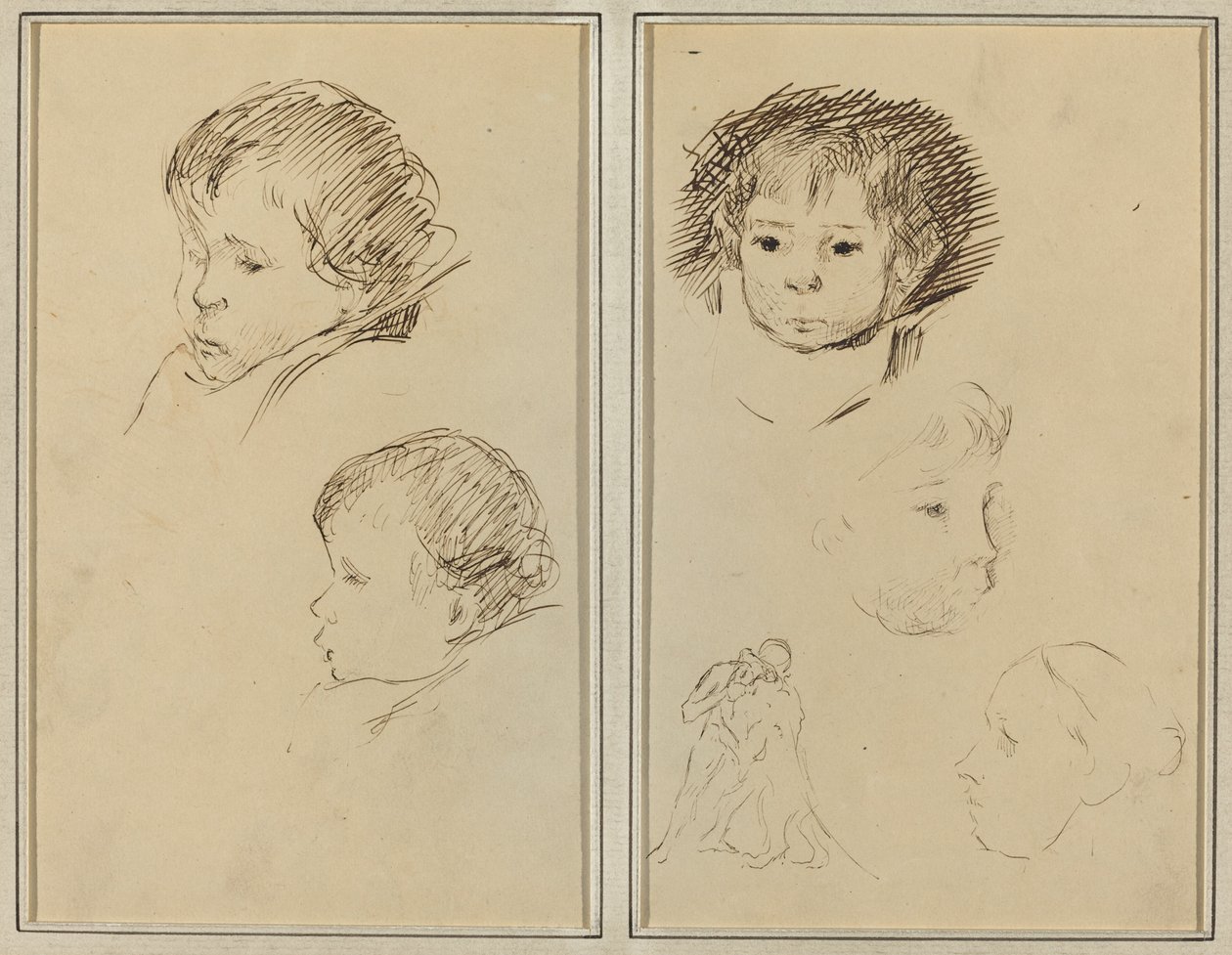 Dvě studie dětské hlavy; Dvě studie hlavy dítěte, ženy v profilu a muže zápasícího se zvířetem [recto] od Paul Gauguin