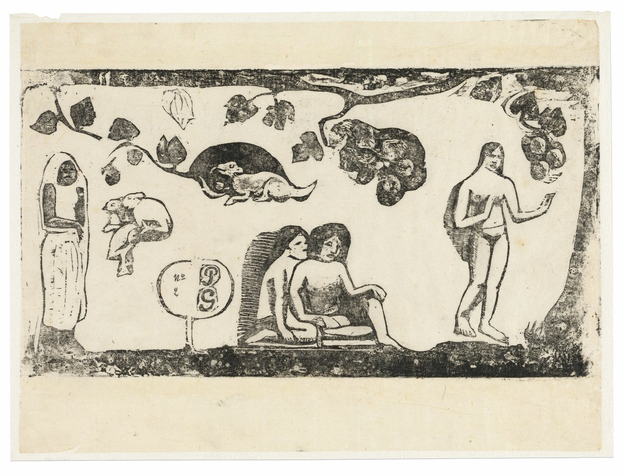 Ženy, zvířata a listí ze sady Late Wood-Block Prints od Paul Gauguin
