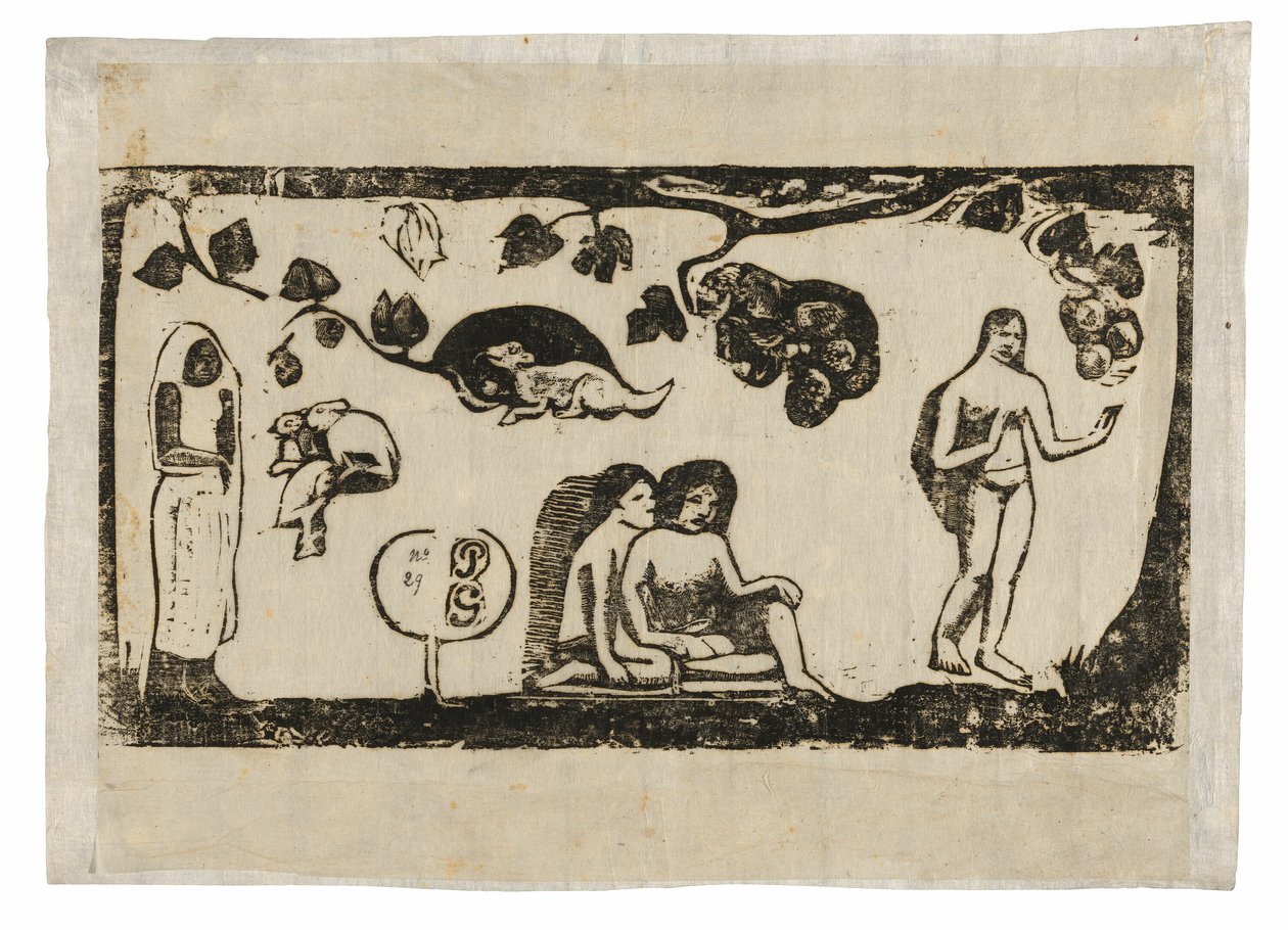 Ženy, zvířata a listí ze sady pozdních dřevotisků od Paul Gauguin