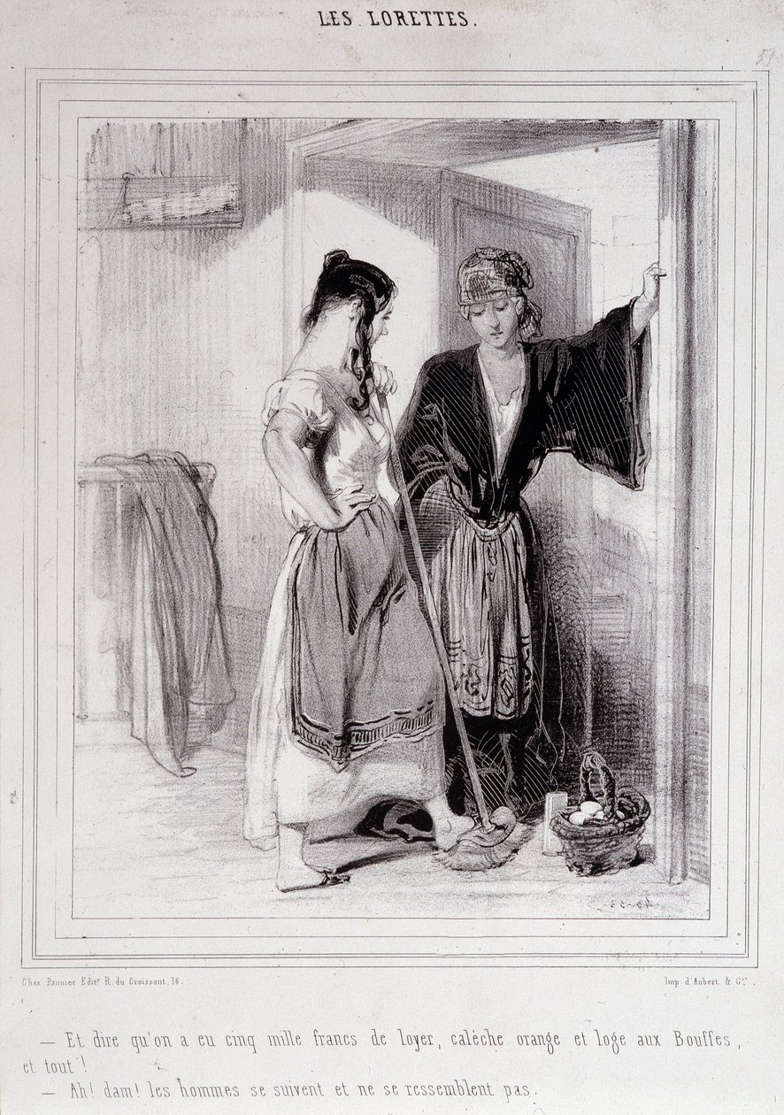 2 chudé ženy v rozhovoru na schodech o mužích, „Les Lorettes“, Gavarni, c. 1840. od Paul Gavarni