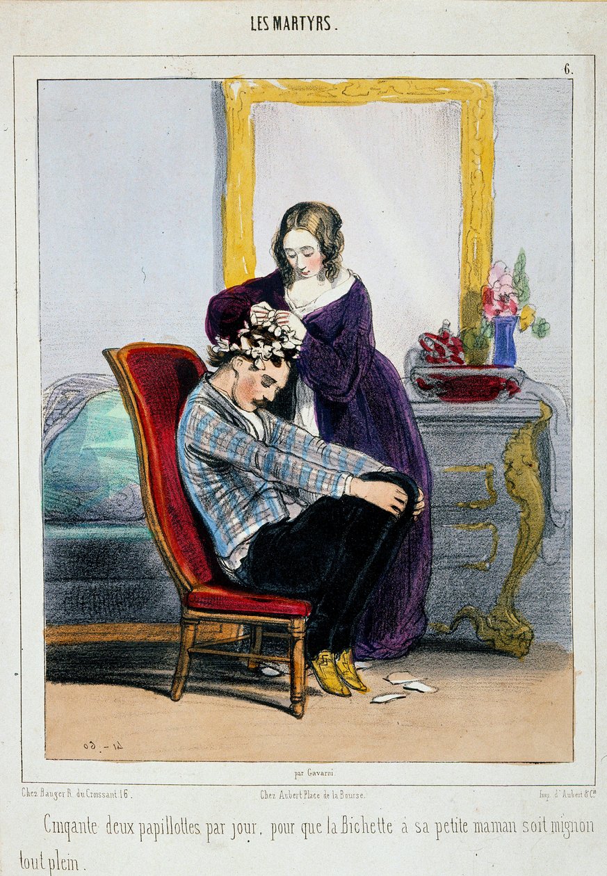 Matka nasazuje svému synovi natáčky. Kreslený film Paula Gavarniho (1804-1866) Paříž 19. století, dekorativní umění od Paul Gavarni