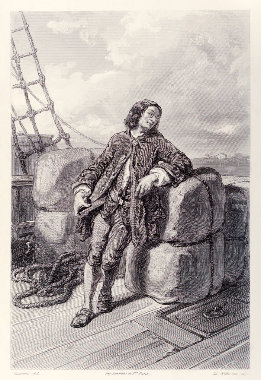 Kapitán Lemuel Gulliver na moři na své obchodní lodi, z francouzského vydání Gullivers Travels od Jonathana Swifta od Paul Gavarni