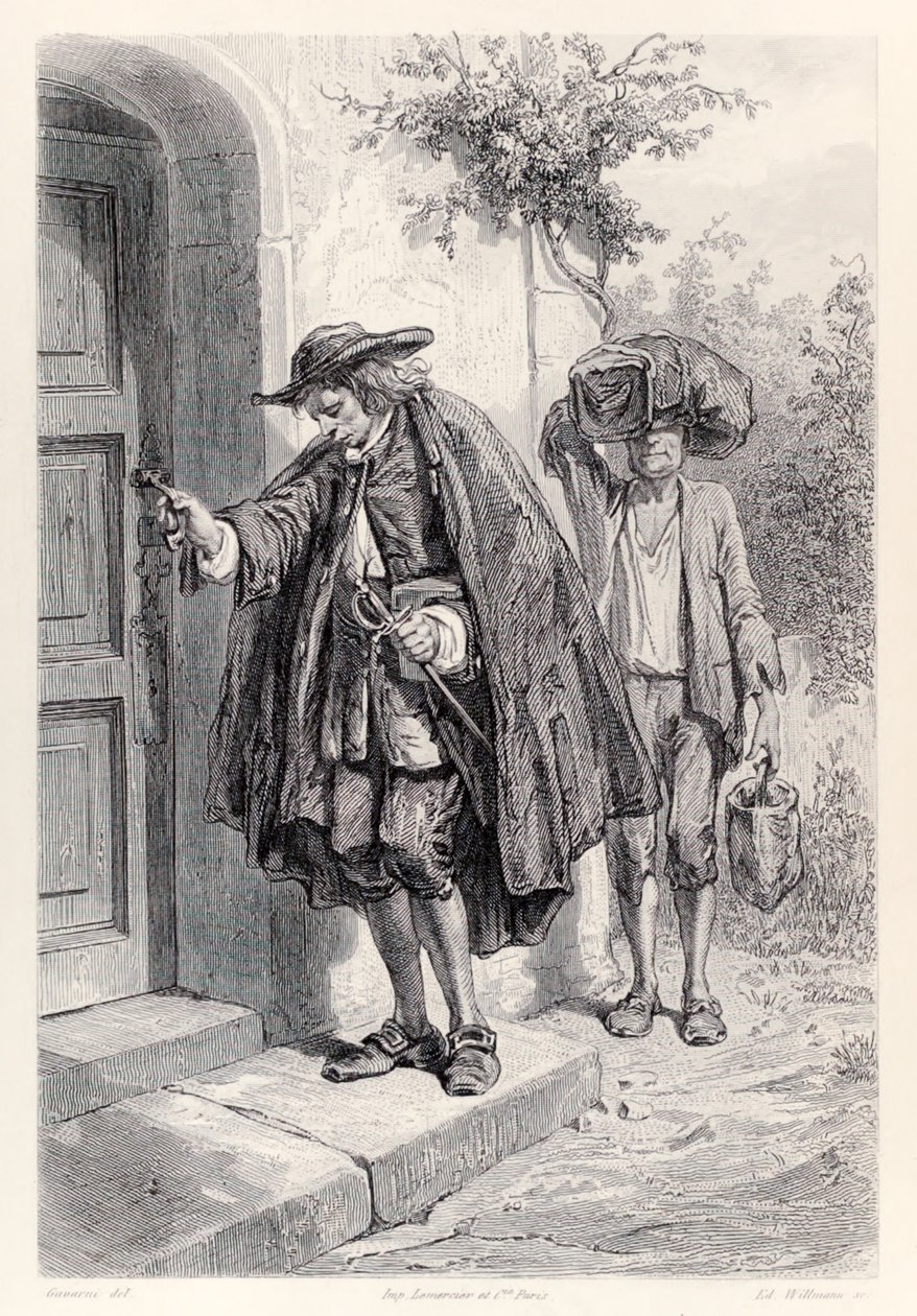 Gulliver přichází domů ve tři odpoledne a vchází do domu, z francouzského vydání Gullivers Travels od Jonathana Swifta od Paul Gavarni