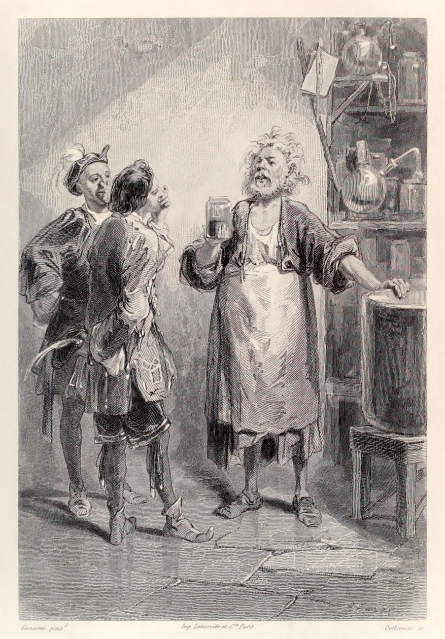 Gulliver vstupuje do místnosti ve velké akademii v Lagadu plném odpudivého zápachu z francouzské edice Gullivers Travels od Jonathana Swifta od Paul Gavarni