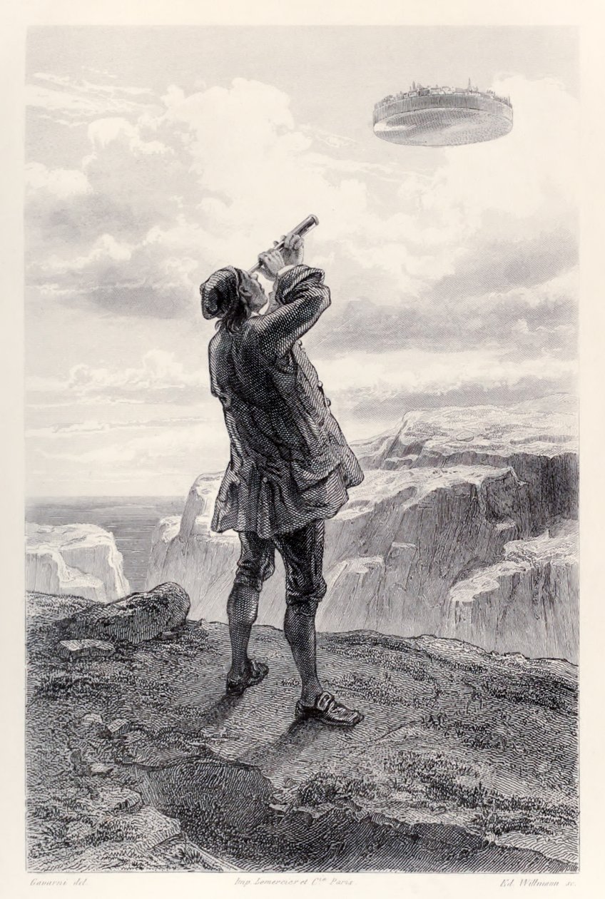 Gulliver poprvé spatří létající ostrov Laputa a prozkoumá jej dalekohledem z francouzského vydání Gullivers Travels od Jonathana Swifta od Paul Gavarni
