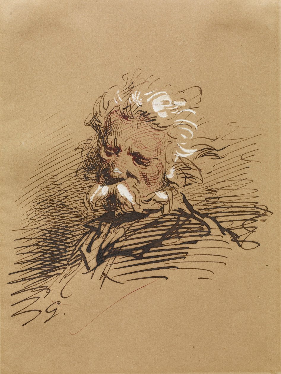 Head of an Old Man, c.1857 (inkoust zvýrazněný bílou barvou na papíře) od Paul Gavarni