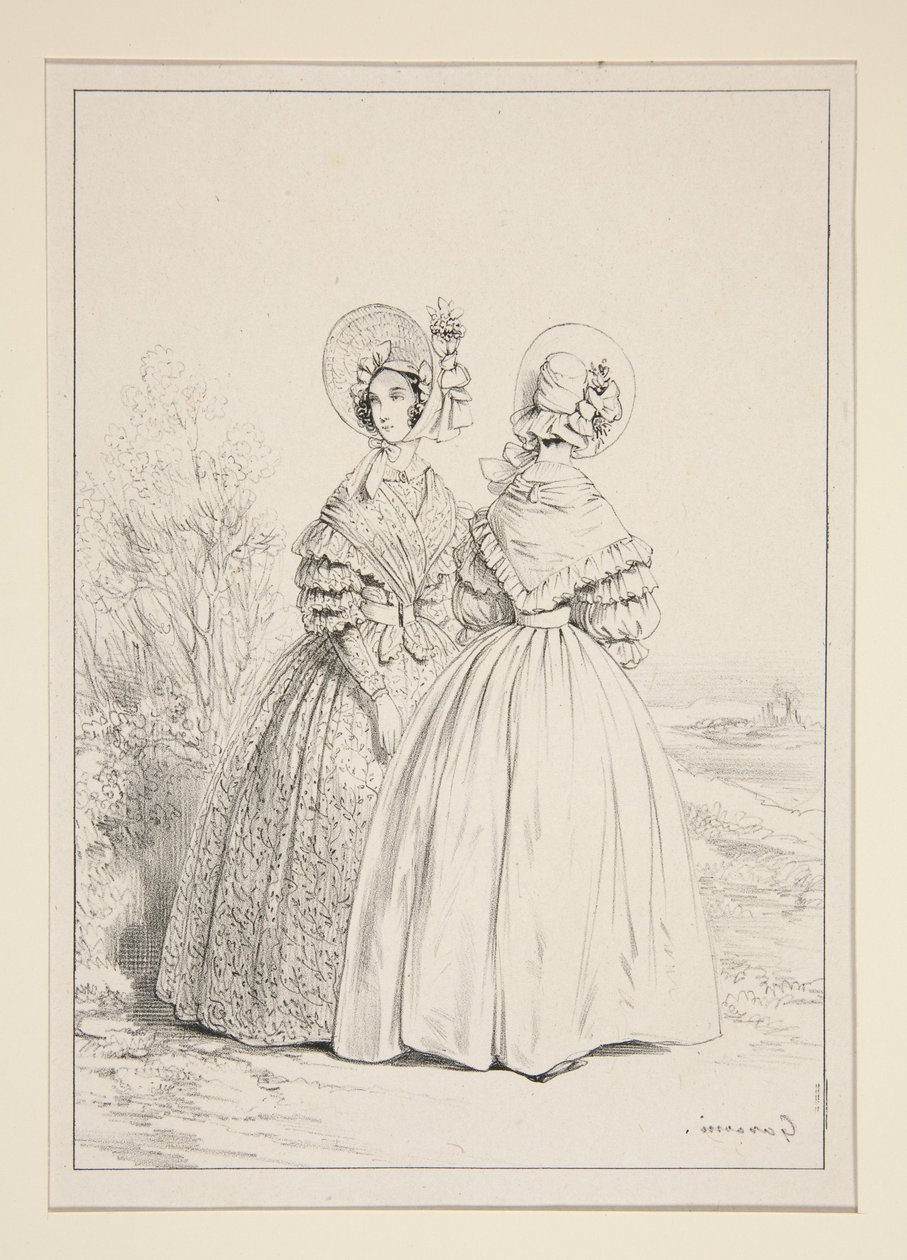 KVĚTEN 1837. Čepička (sic) se stahovací šňůrkou a kyticí fialek; ... od Paul Gavarni
