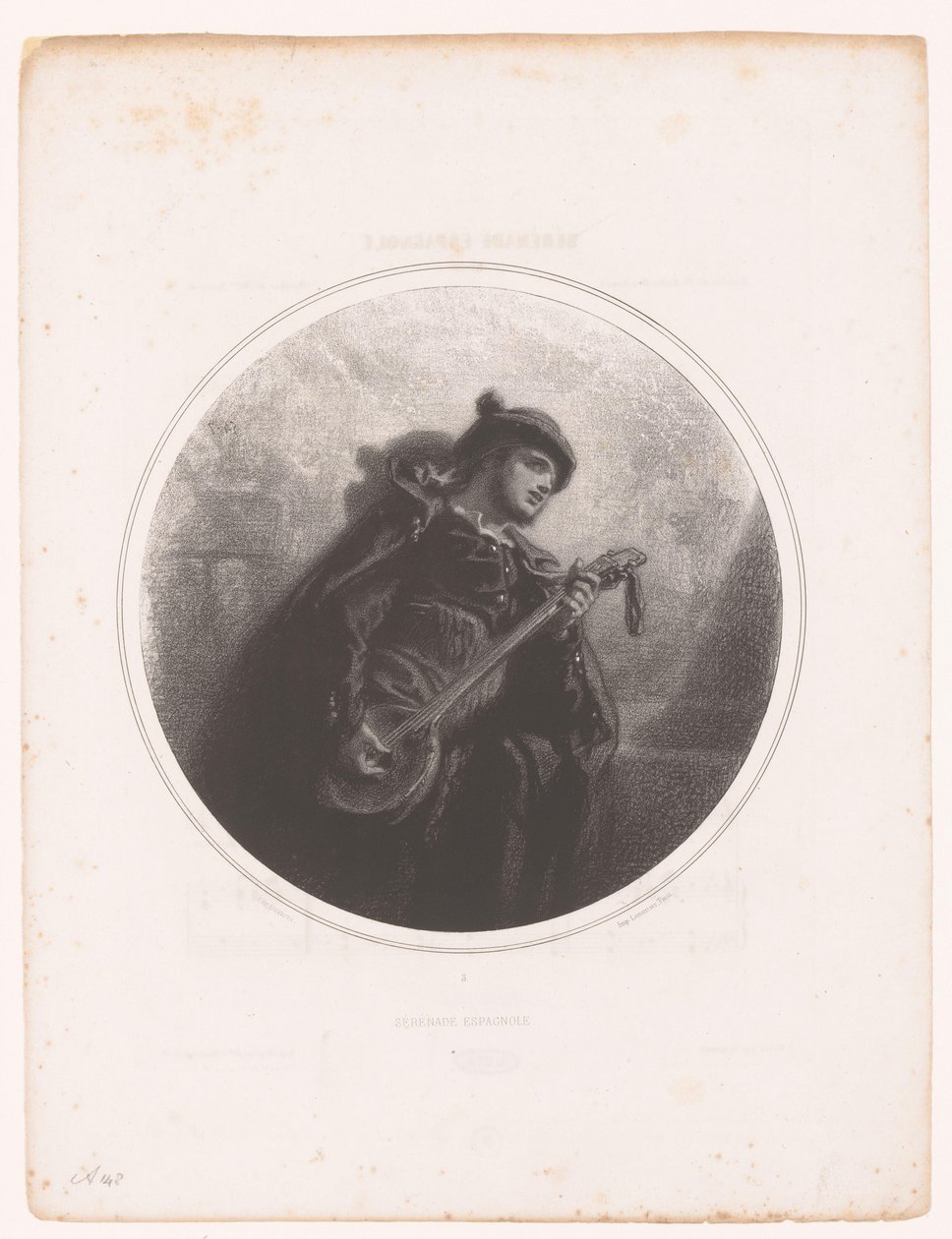 Muž s banjem zpívá a hraje serenádu Serenade Espagnole (název na objektu) Ilustrace k písním Jeanne Gavarni (název série) Illustrations des Mélodies de Madame Jeanne Gavarni (název série) od Paul Gavarni