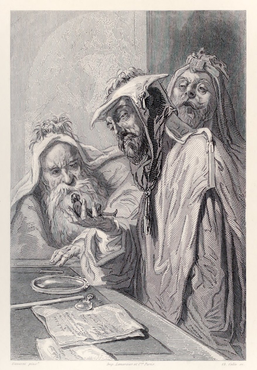 Vědci z Lordbruldrudu zkoumají Gullivera z francouzského vydání Gullivers Travels od Jonathana Swifta od Paul Gavarni