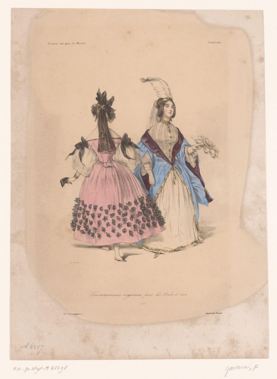 Dvě ženy v plesových šatech Transvestissemens originaux pour les Bals de 1834 (název na objektu) Nápadité oblečení (název série) Fantaisies (název série na objektu) od Paul Gavarni