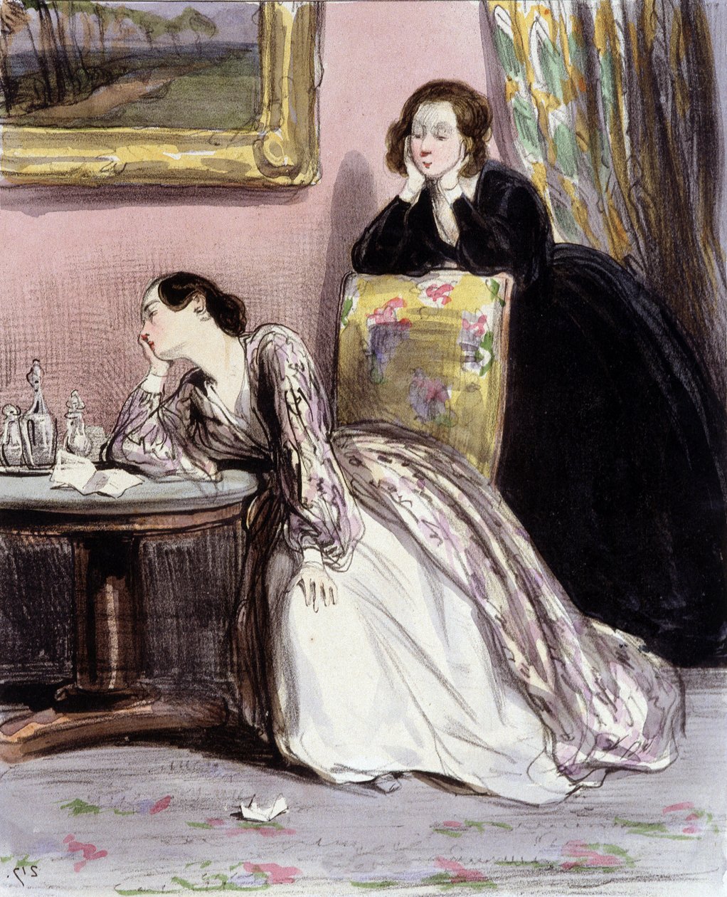 Dvě ženy v rozhovoru o milencích, „Fourreries de femmes“, Gavarni, c. 1840. od Paul Gavarni