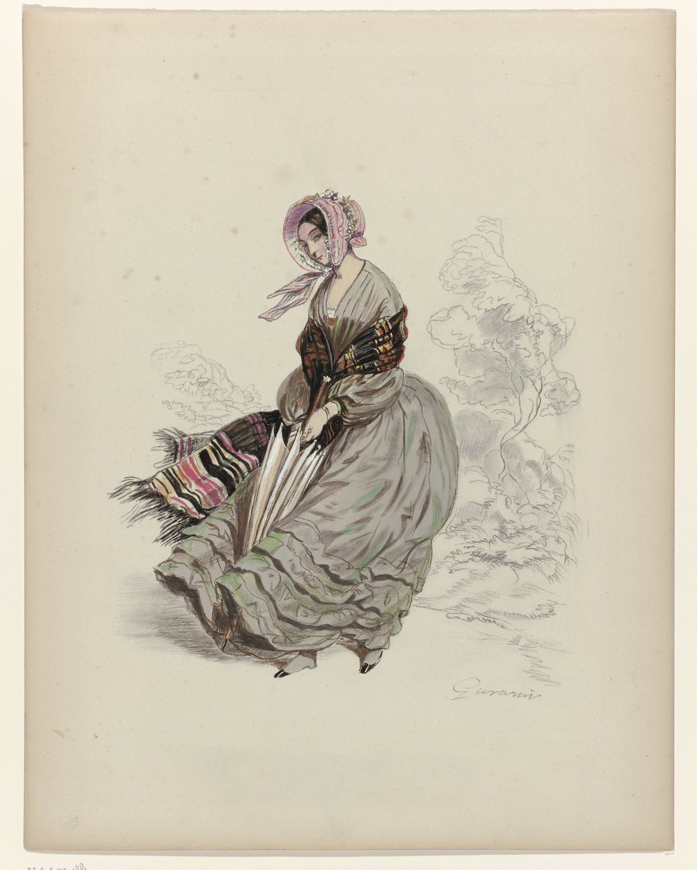Žena chodící ve větru se slunečníkem, 1840 od Paul Gavarni