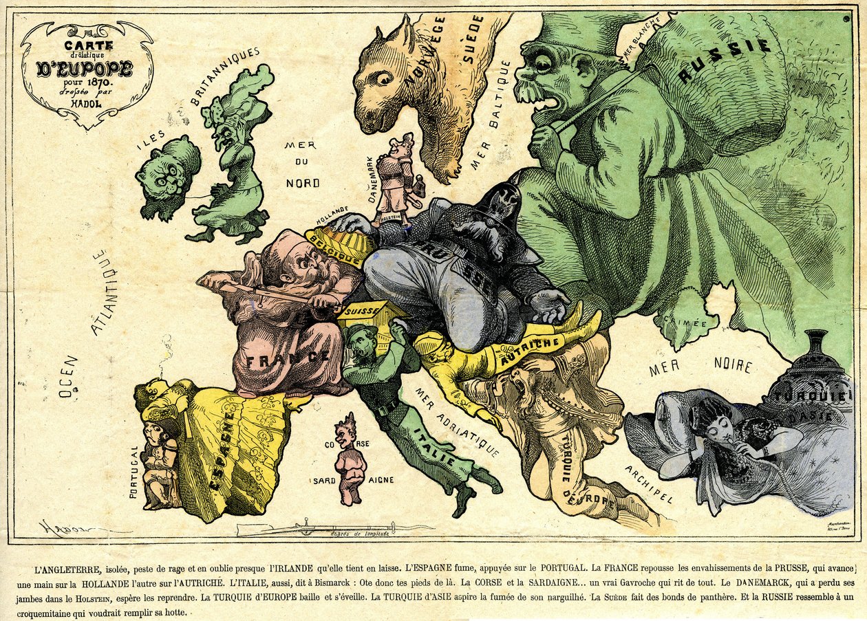 Drolatická mapa Evropy z roku 1870 od Paul Hadol