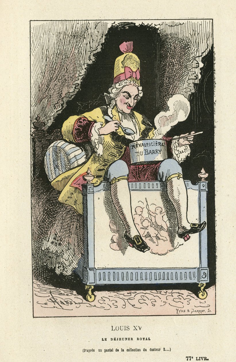 Ilustrace Hadol (1835-1875) v Histoire de France tintamarresque, ca. 1880 – Starý režim – Du Barry Jeanne, Ludvík XV od Paul Hadol