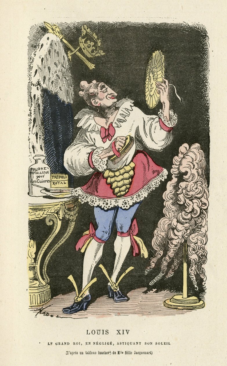 Ilustrace Hadol (1835-1875) v Histoire de France tintamarresque, ca. 1880 - Makeup, Starý režim, Slunce, Paruka - Ludvík XIV od Paul Hadol