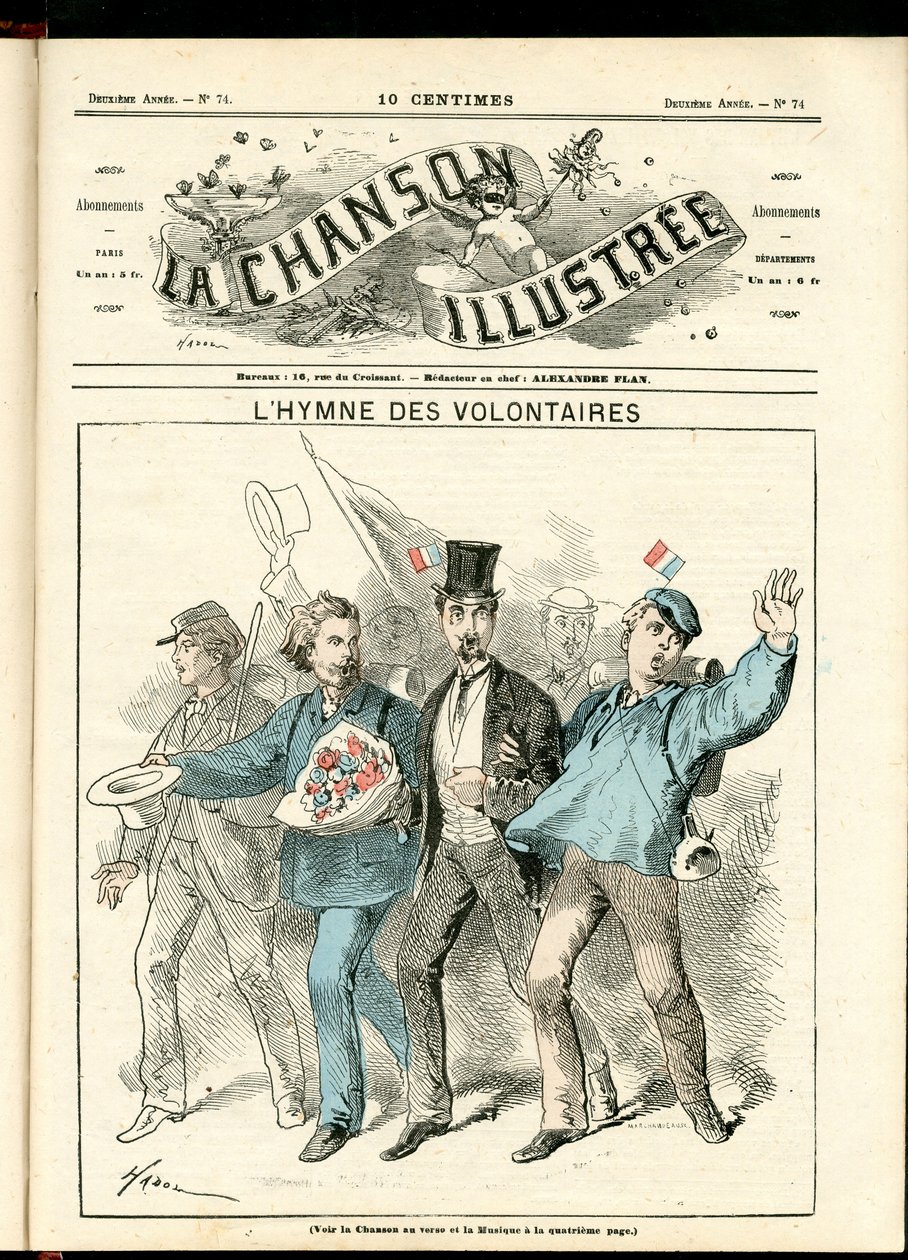La Chanson illustrée (časopis), číslo 74, Satirical in Color, circa 1870: Hymna dobrovolníků - Válka 1870-1871, Vlastenectví - Ilustrace Hadol (1835-1875) od Paul Hadol