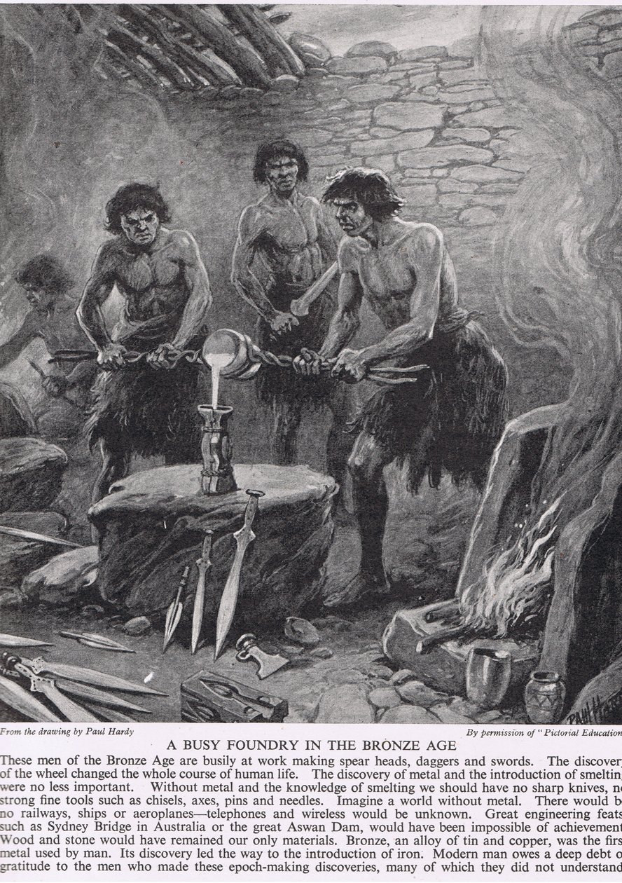 Rušná slévárna v době bronzové, ilustrace z „Příběhu britského lidu“, kolem roku 1950 od Paul Hardy