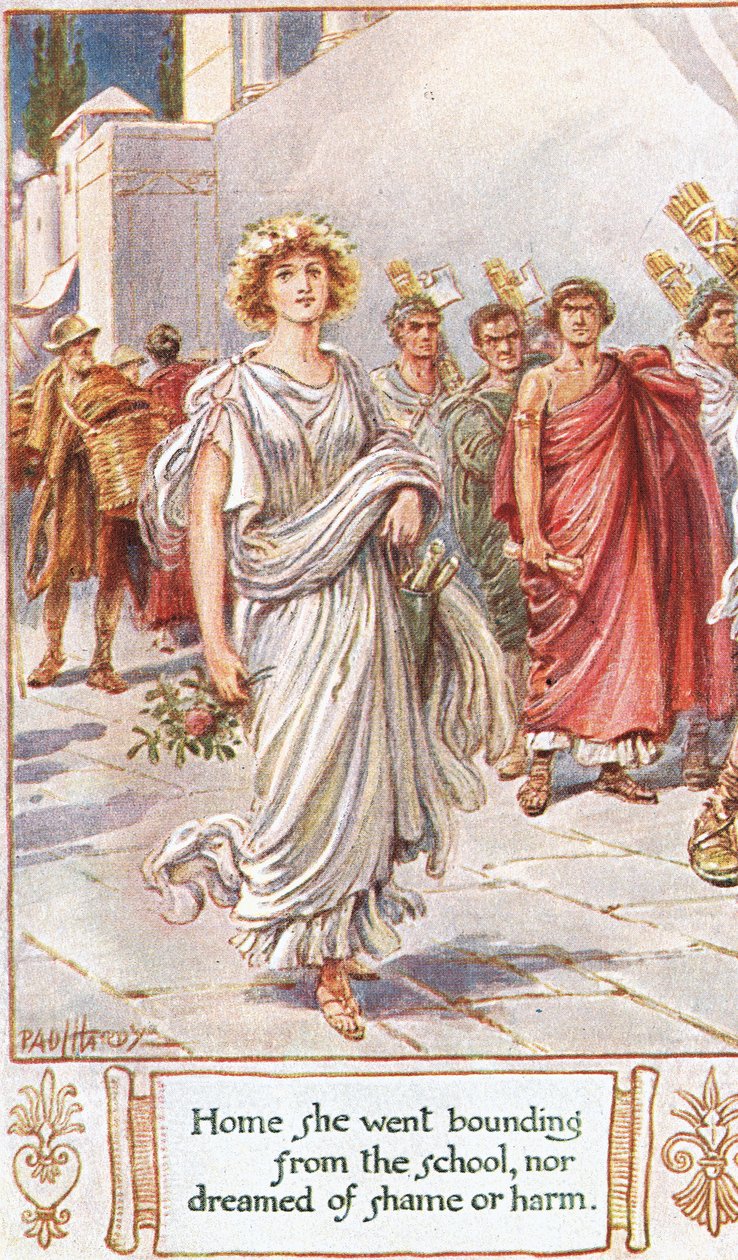 Domů šla, ze školy se vrátila a o hanbě ani o újmě se jí nezdálo, ilustrace z knihy "The Lays of Ancient Rome", Thomas Babington Macaulay od Paul Hardy