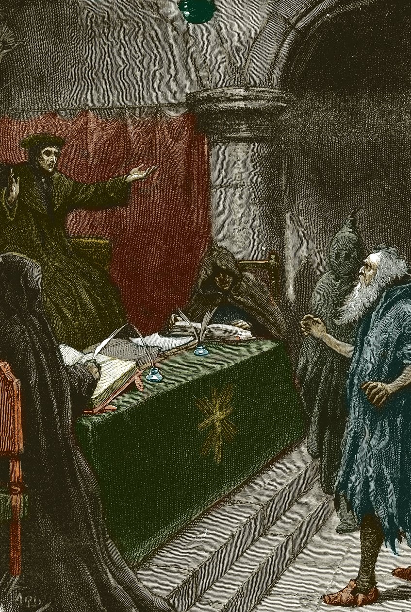 Inkvizice a vyhnání Židů ze Španělska: španělský Žid před velkým inkvizitorem kolem roku 1492 v době vydání Dekretu z Alhambry - ilustrace Paul Hardy 1891 Španělský Žid před velkým inkvizitorem od Paul Hardy