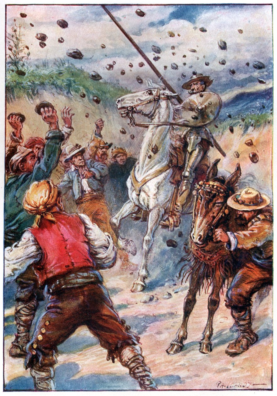 Zasypali Dona Quijota sprškou kamenů, ilustrace z „Dobrodružství Dona Quijota“, vydané nakladatelstvím G. Bell & Sons, Ltd. od Paul Hardy