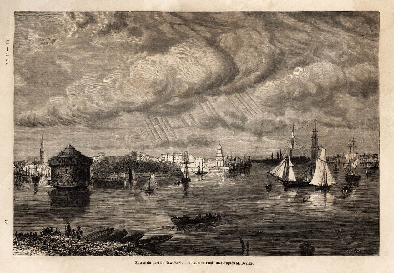 Vstup do přístavu New York, kresba Paula Hueta (1803-1869), pro ilustraci plaveb do Severní Ameriky v letech 1854-1855, L. Deville. Rytina v “”Le tour du monde”” 1861. Selva sbírka. od Paul Huet