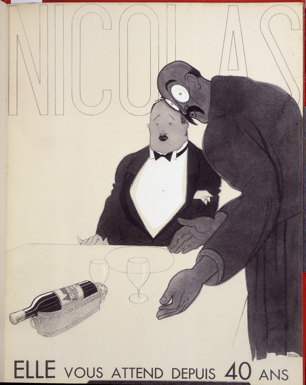 Čeká na vás 40 let Číšník restaurace oslovuje zákazníka návrhem láhve vína. - reklama pro Nicolase, kresba Paul Iribe (1883-1935) od Paul Iribe
