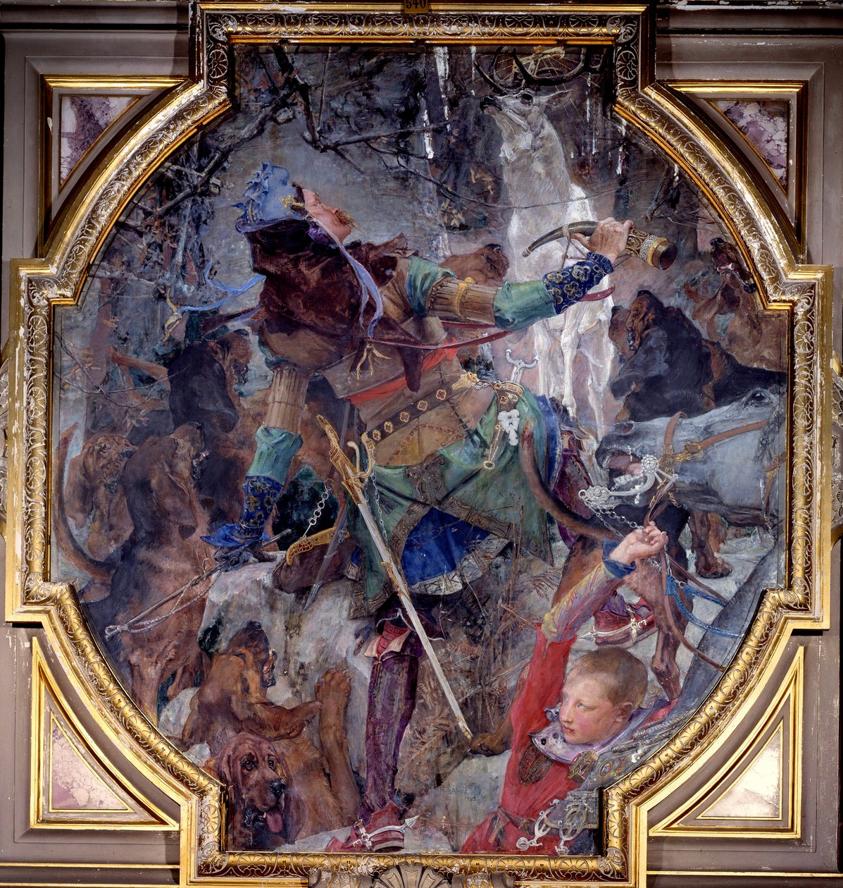 Vize svatého Huberta, který šel na lov do lesa, zázračně vidí Boha zjevujícího se v podobě jelena. Plátno marouflee od Paula Jacquese Aime Baudryho (1828-1886) 1882 Sun. 2,3x2,06 m Chantilly, Musee Conde od Paul Jacques Aimé Baudry