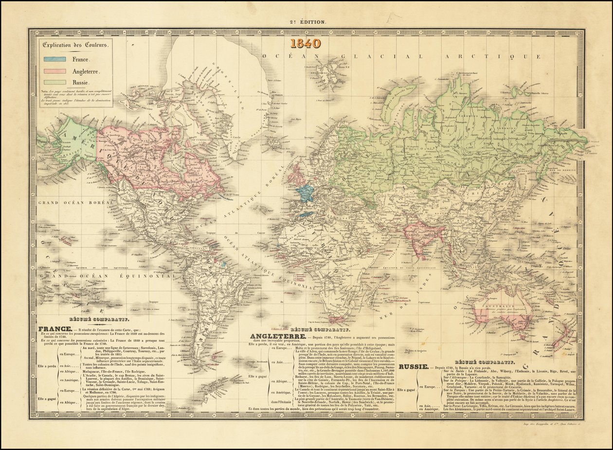 Francouzská mapa světa z roku 1840 s vyznačením území britského, francouzského a ruského impéria od Paul Kaeppelin