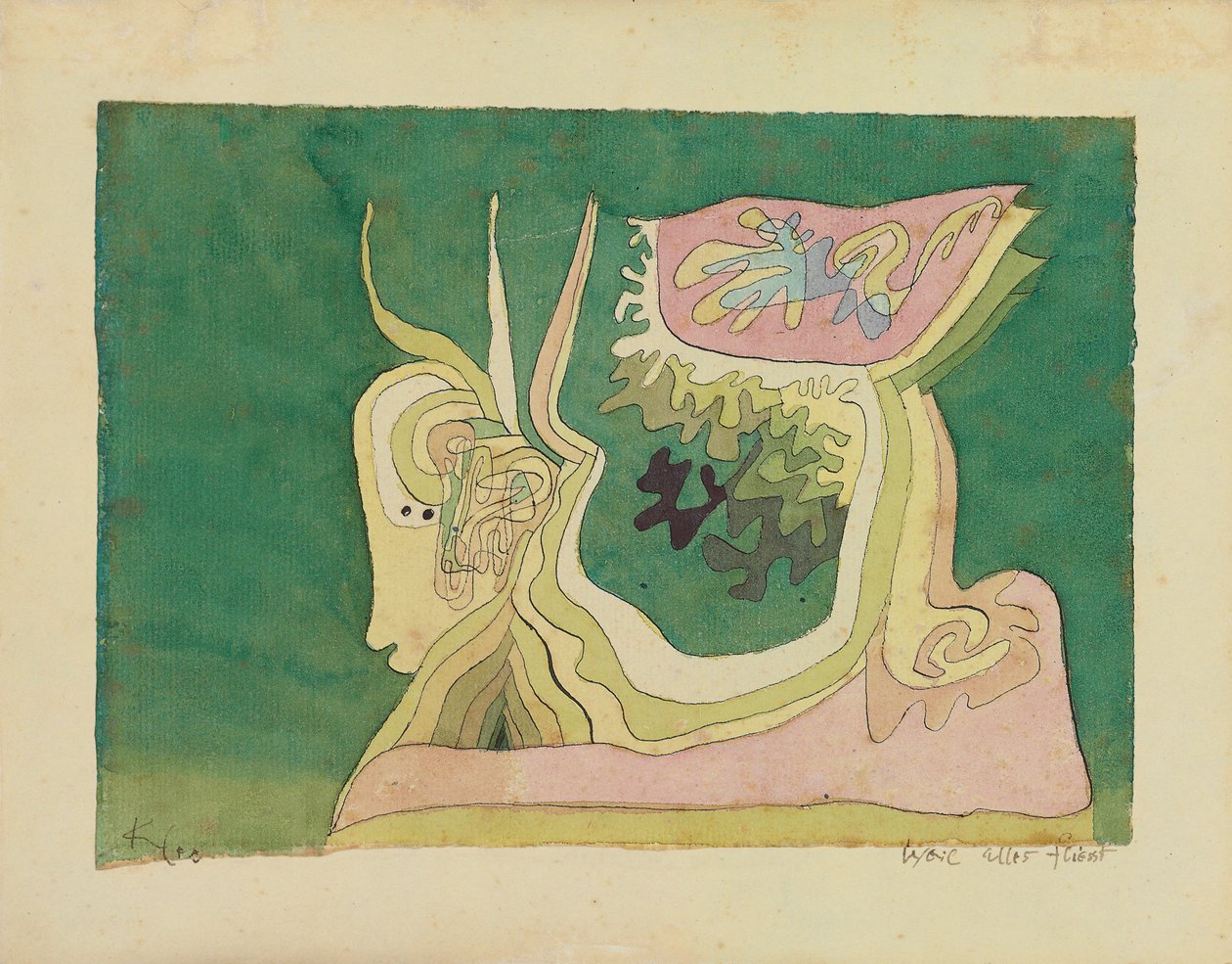 Protože všechno plyne; Weil Alles Fliesst, kolem roku 1929 (akvarel, pero a inkoust na papíře) od Paul Klee