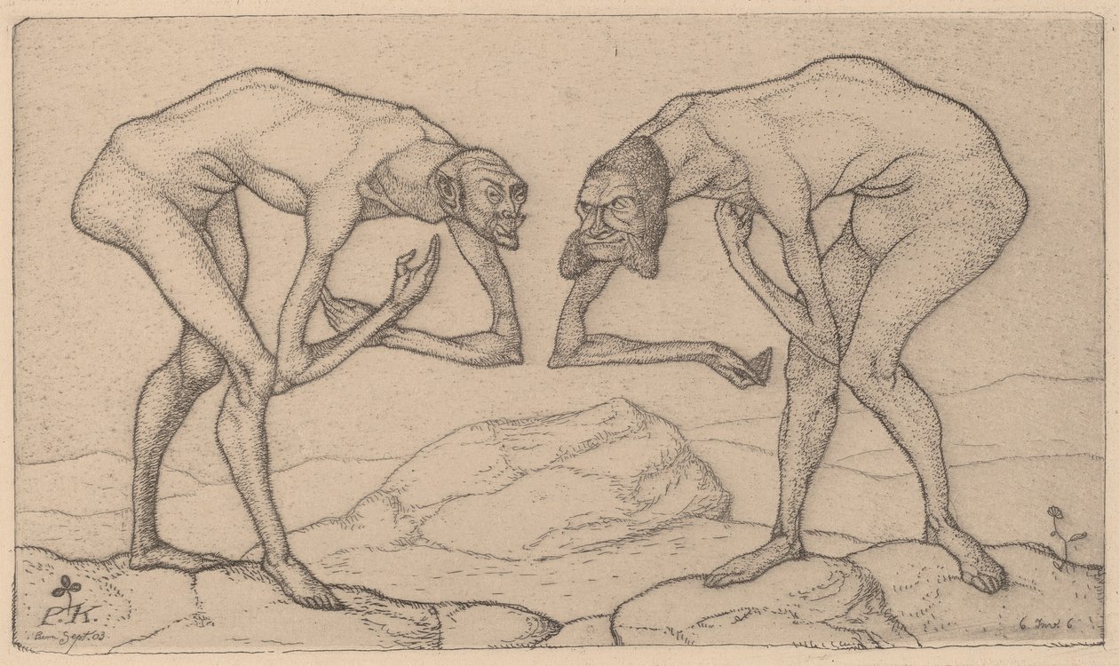 Dva muži, kteří se navzájem předpokládají, že jsou ve vyšší pozici, se setkají se dvěma muži..., 1903. od Paul Klee