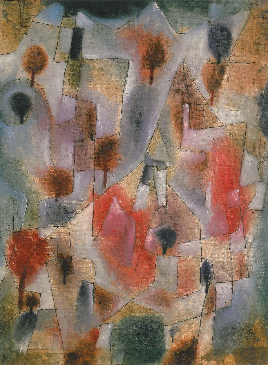 krajina s modrými a červenými stromy, 1920. od Paul Klee