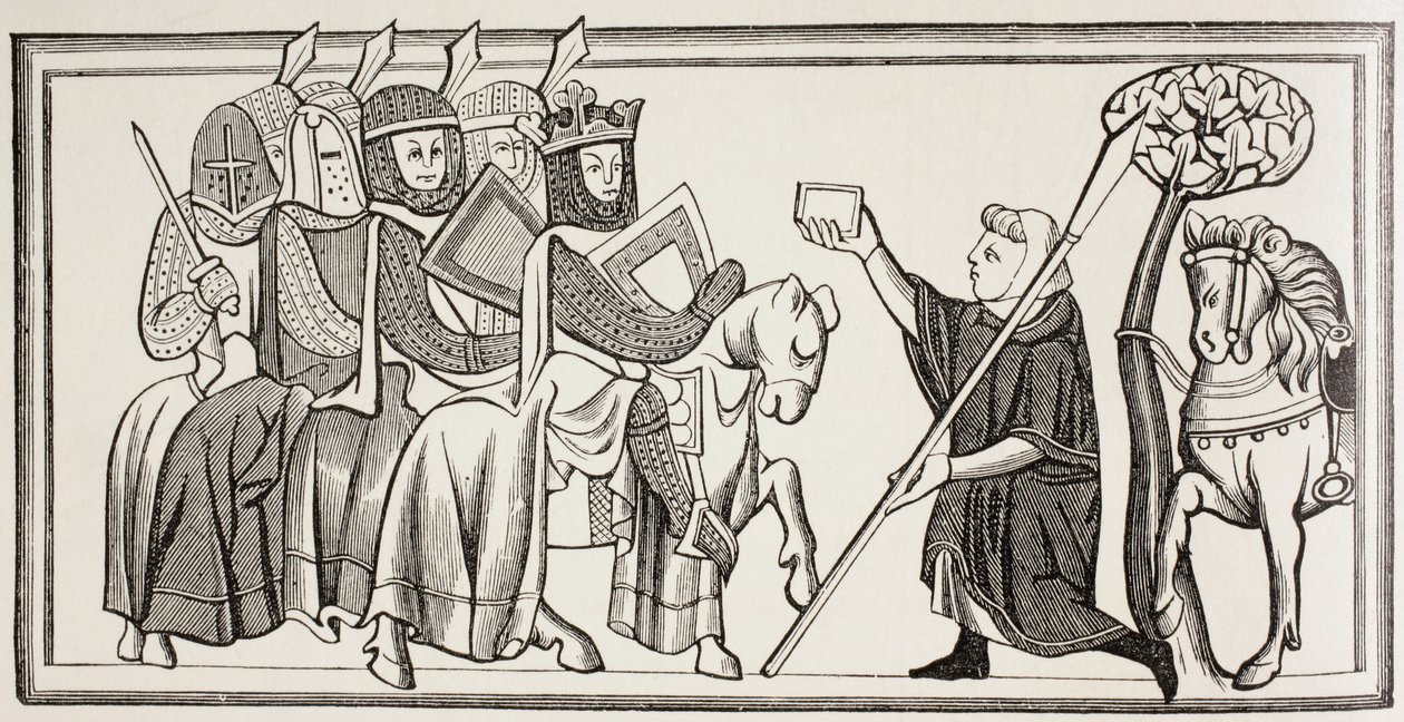 Přichází posel se zprávou pro krále, který stojí v čele své armády. Podle ilustrace v knize ze 13. století. od Paul Lacroix