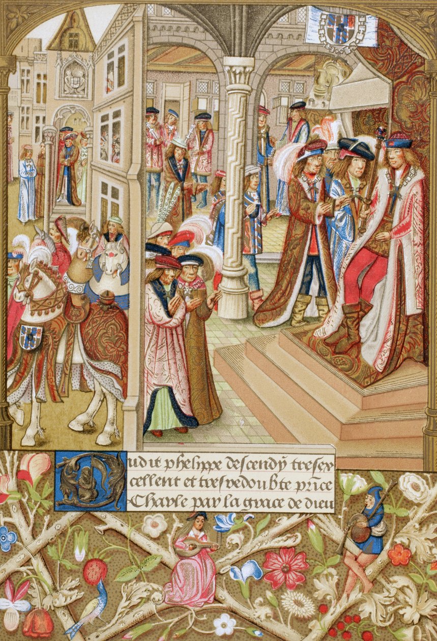 Karel Smělý, burgundský vévoda,1433-1477, sedící na trůně a v přítomnosti svých baronů a radních. Podle rukopisu z 15. století, zkrácené burgundské kroniky. od Paul Lacroix
