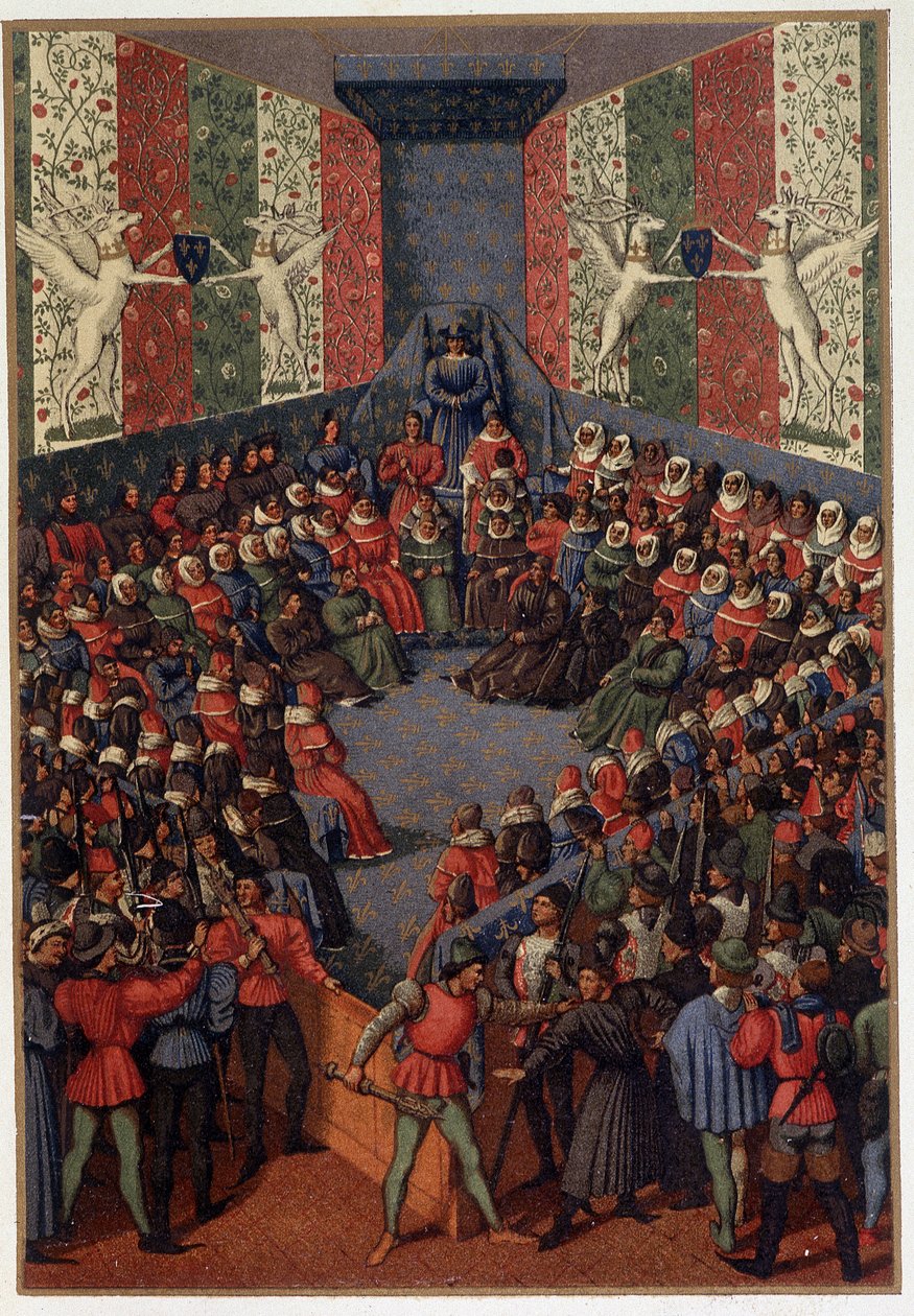 Karel VII předsedající rozsudku Jana, vévody z Alenconu (spojený s Angličany) ve Vendome v roce 1458 – po zmenšení Fouqueta, v „“Vojenském a náboženském životě ve středověku a době renesance“ od Paula Lacroixe, Paříž od Paul Lacroix