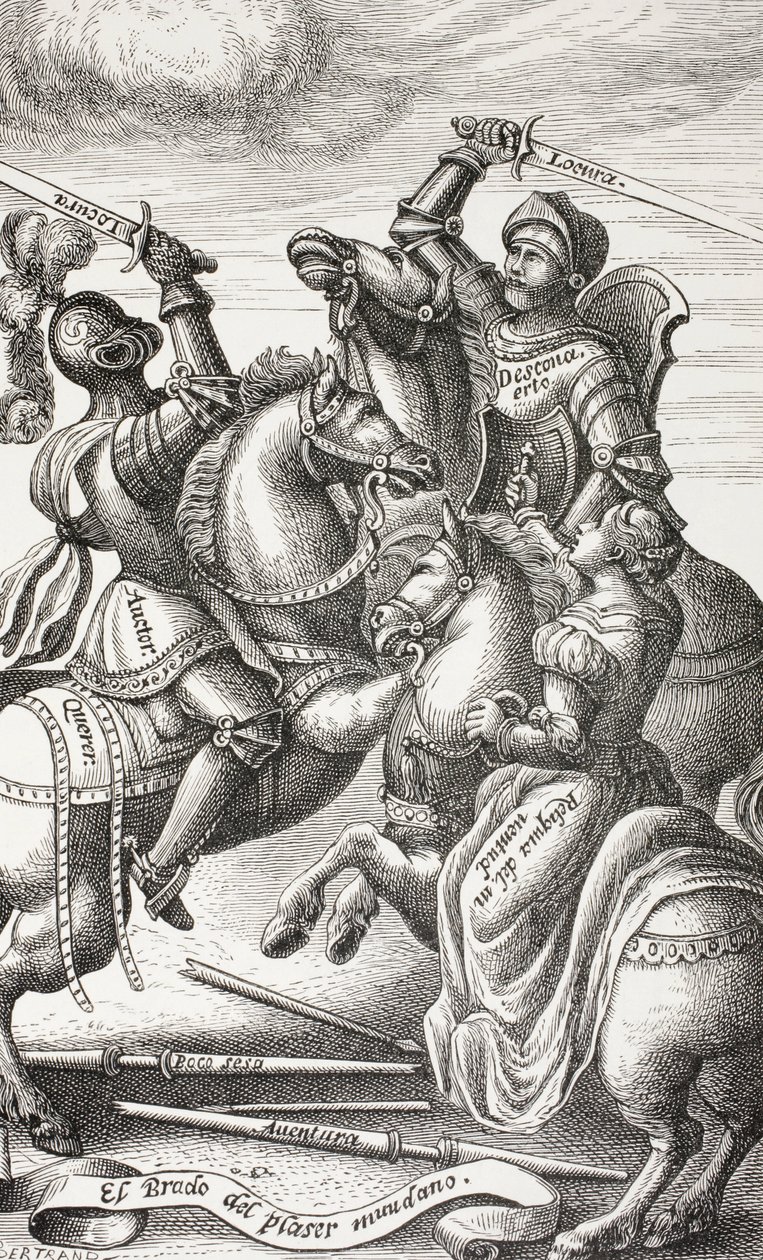 Rytířství zobrazené alegorickými postavami. Rytíři bojující na koních. Podle mědirytiny ze 16. století. od Paul Lacroix
