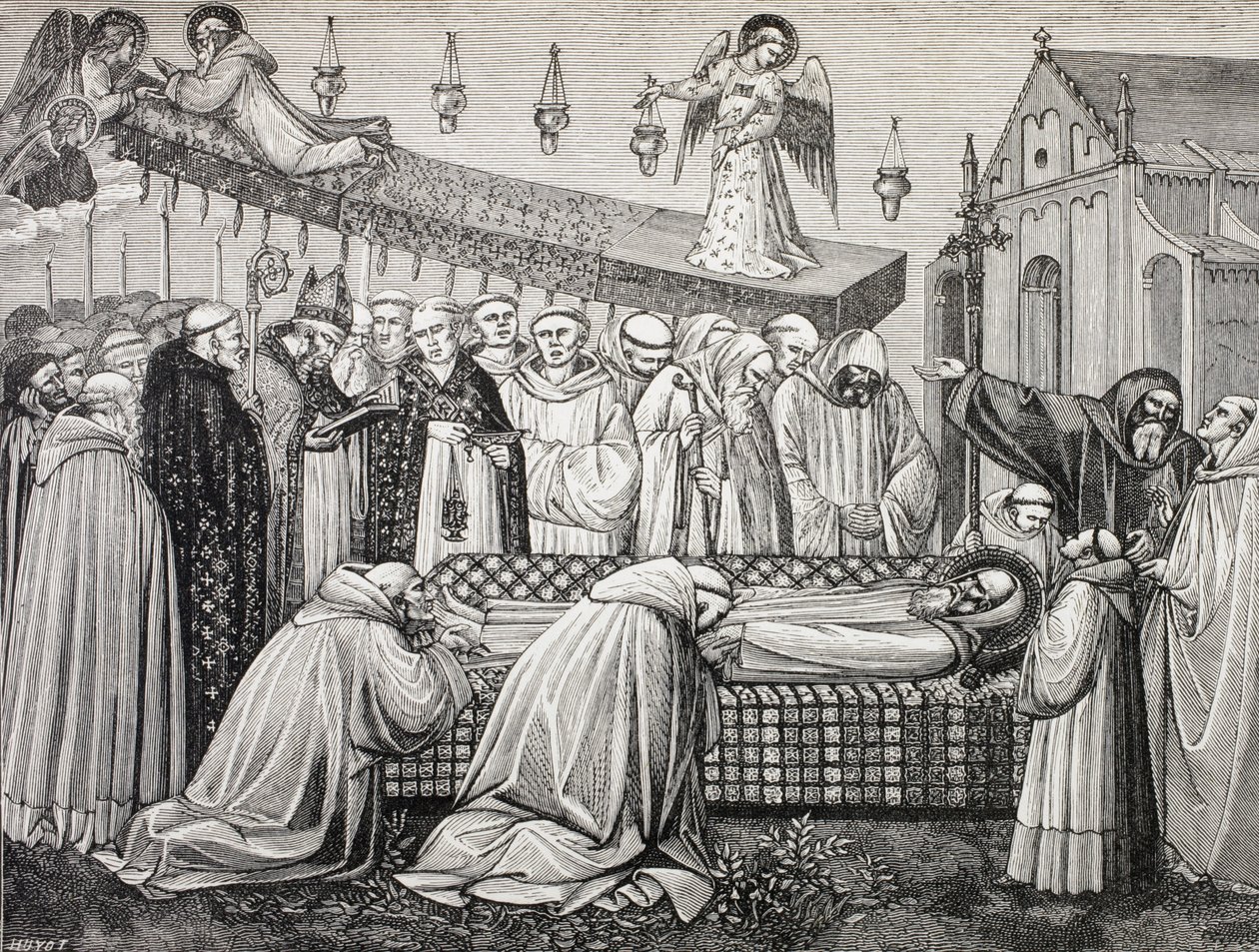 Smrt svatého Benedikta z Nursie neboli San Benedetto da Norcia, 480-547, v opatství Monte Cassino. od Paul Lacroix