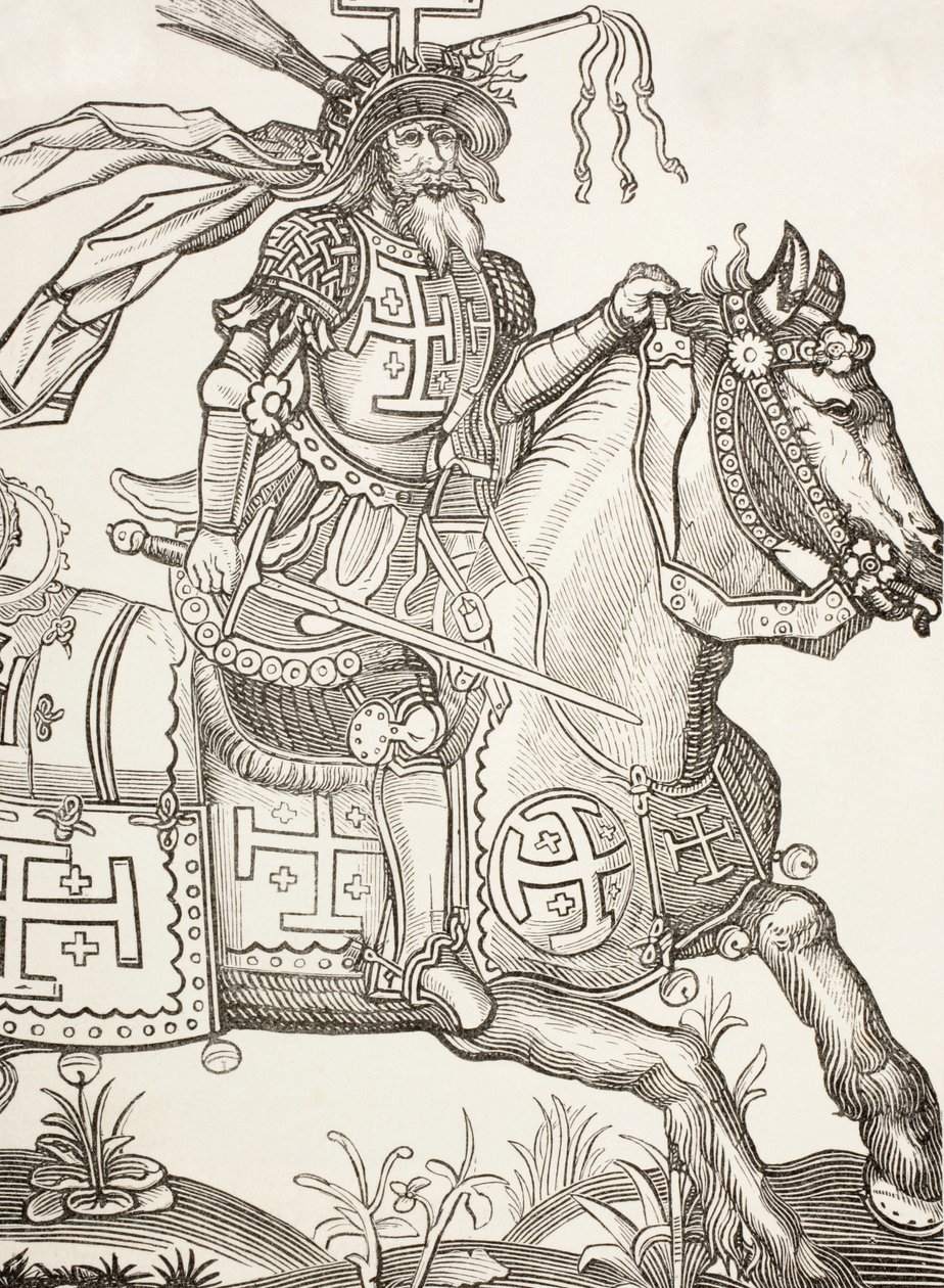 Godfrey z Bouillonu, asi 1060 - 1100, středověký franský rytíř. Vůdce první křížové výpravy. Zde korunován nástroji Kristova umučení. Podle dřevorytu z 15. století. od Paul Lacroix