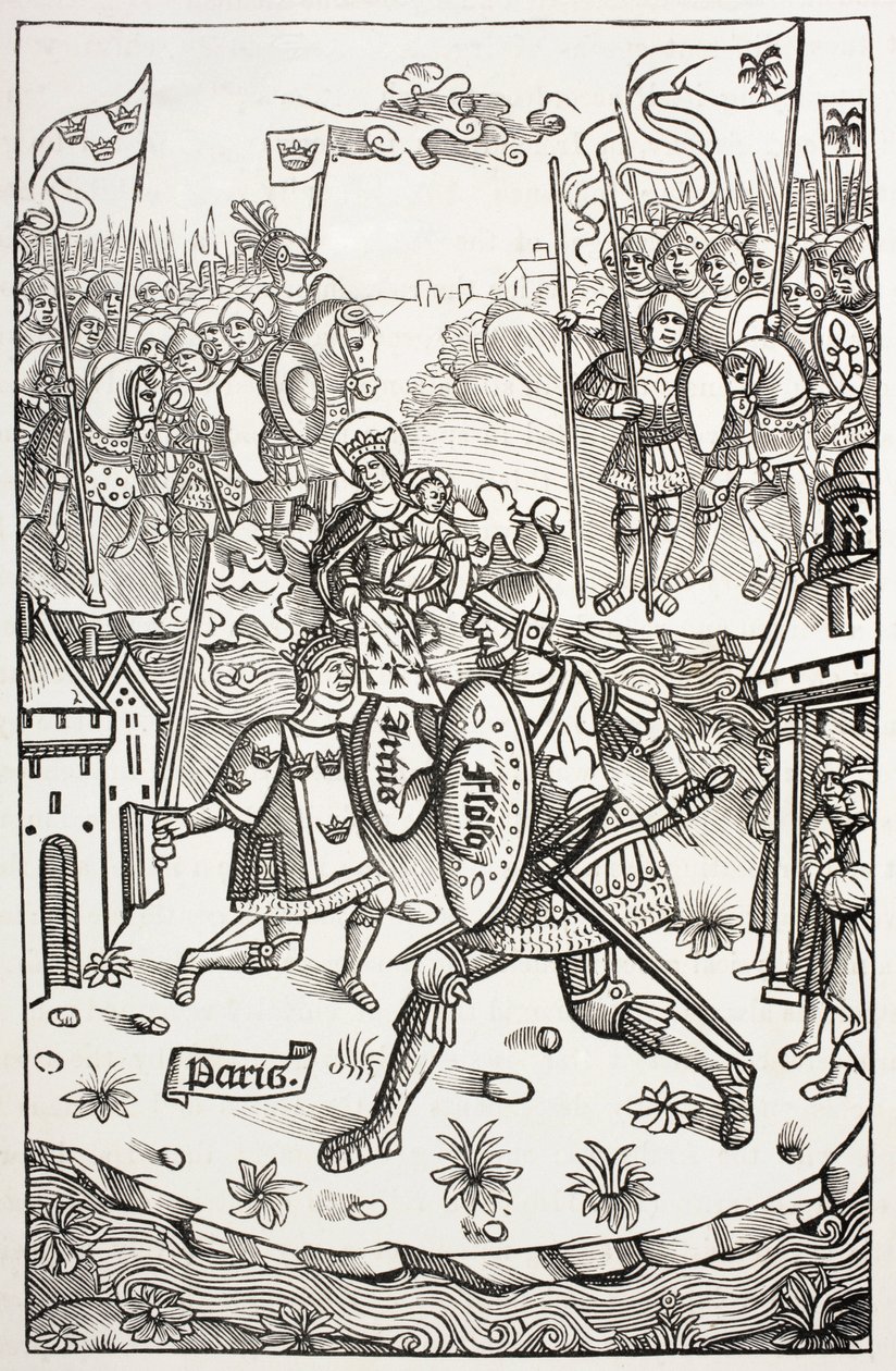 Král Artus neboli Artuš, chráněný Pannou, bojující s obrem. Podle dřevorytu v Chroniques De Bretagne, Alain Bouchard, vydáno 1514. od Paul Lacroix