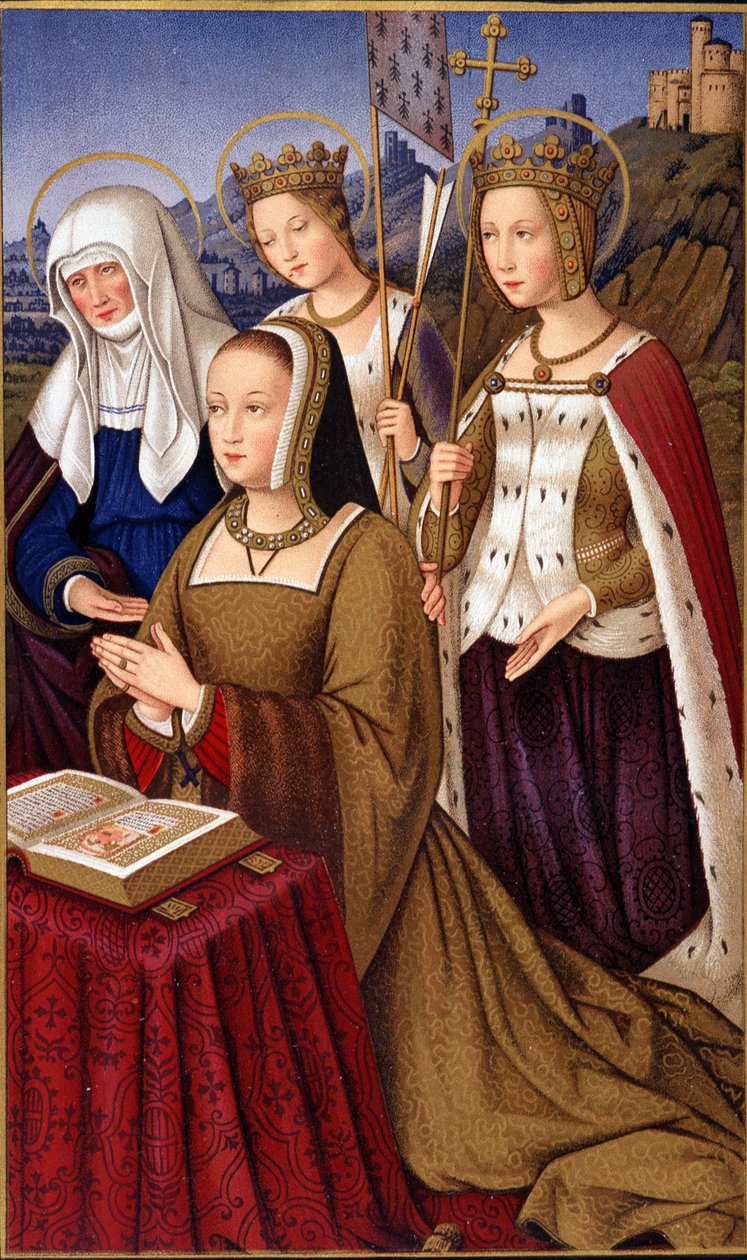 Portrét Anny Bretaňské (1477-1514), královny Francie, v modlitbě se svou svatou patronkou svatou Annou, svatou Helenou a svatou Ursule - v „“Vojenském a náboženském životě ve středověku a době renesance““ od Pavla Lacroix, Paříž od Paul Lacroix