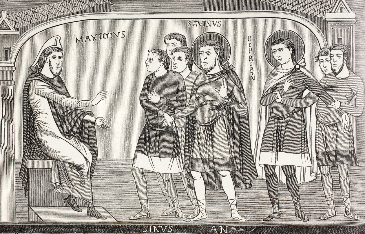 Svatí Savin a Cyprián vyznávají prokonzulovi Galeriovi Maximovi, že jsou křesťané. Podle fresky z 11. století v kostele svatého Savina ve Vienne, Francie. od Paul Lacroix