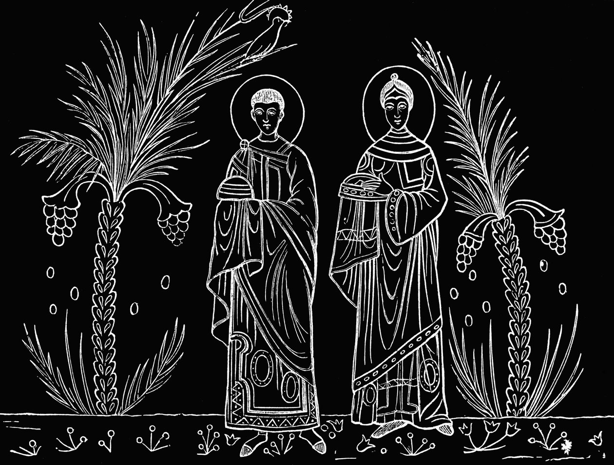 Svatá Cecílie a její manžel Valerián. Podle mozaiky ze 3. nebo 4. století, která se dochovala v kostele svaté Cecílie v Římě. od Paul Lacroix