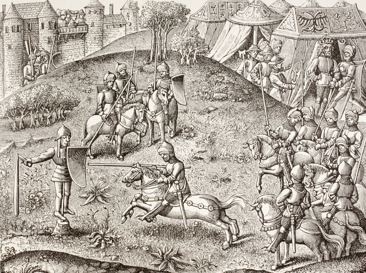 Tilting At A Quintain, The Revolving Effigy Of A Knight (Otáčející se rytířská figurína). Podle miniatury v Chroniques de Charlemagne z 15. století. od Paul Lacroix