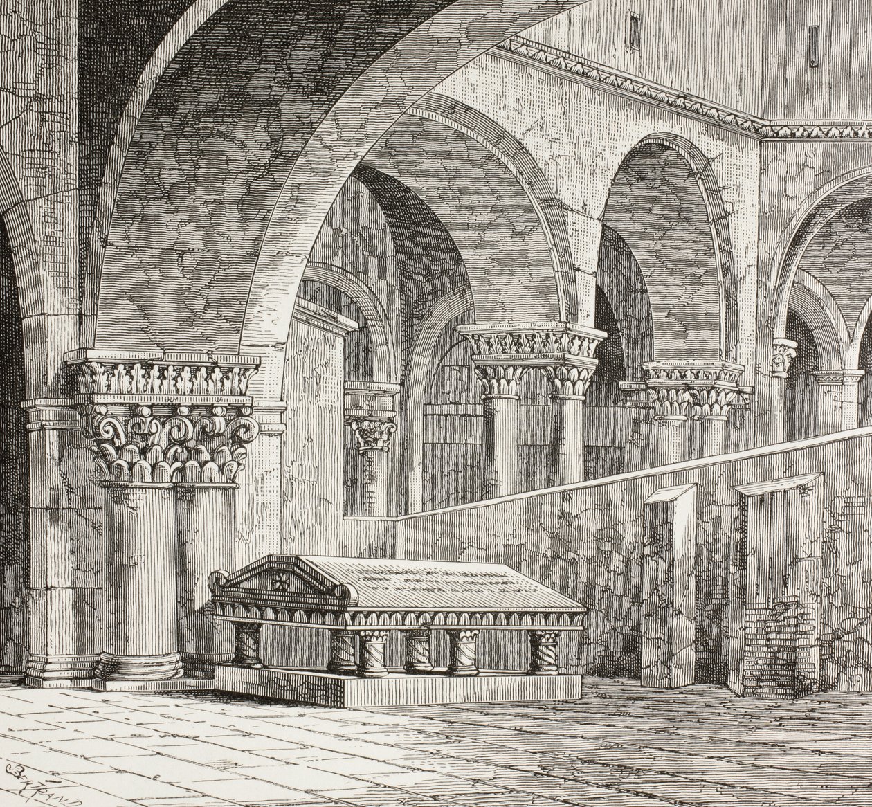 Hrobka Godfreye de Boullon, C 1060 - 1100, jak existovala v kostele Božího hrobu v Jeruzalémě. Hrobka je nyní zničena. Podle kresby z roku 1828. od Paul Lacroix