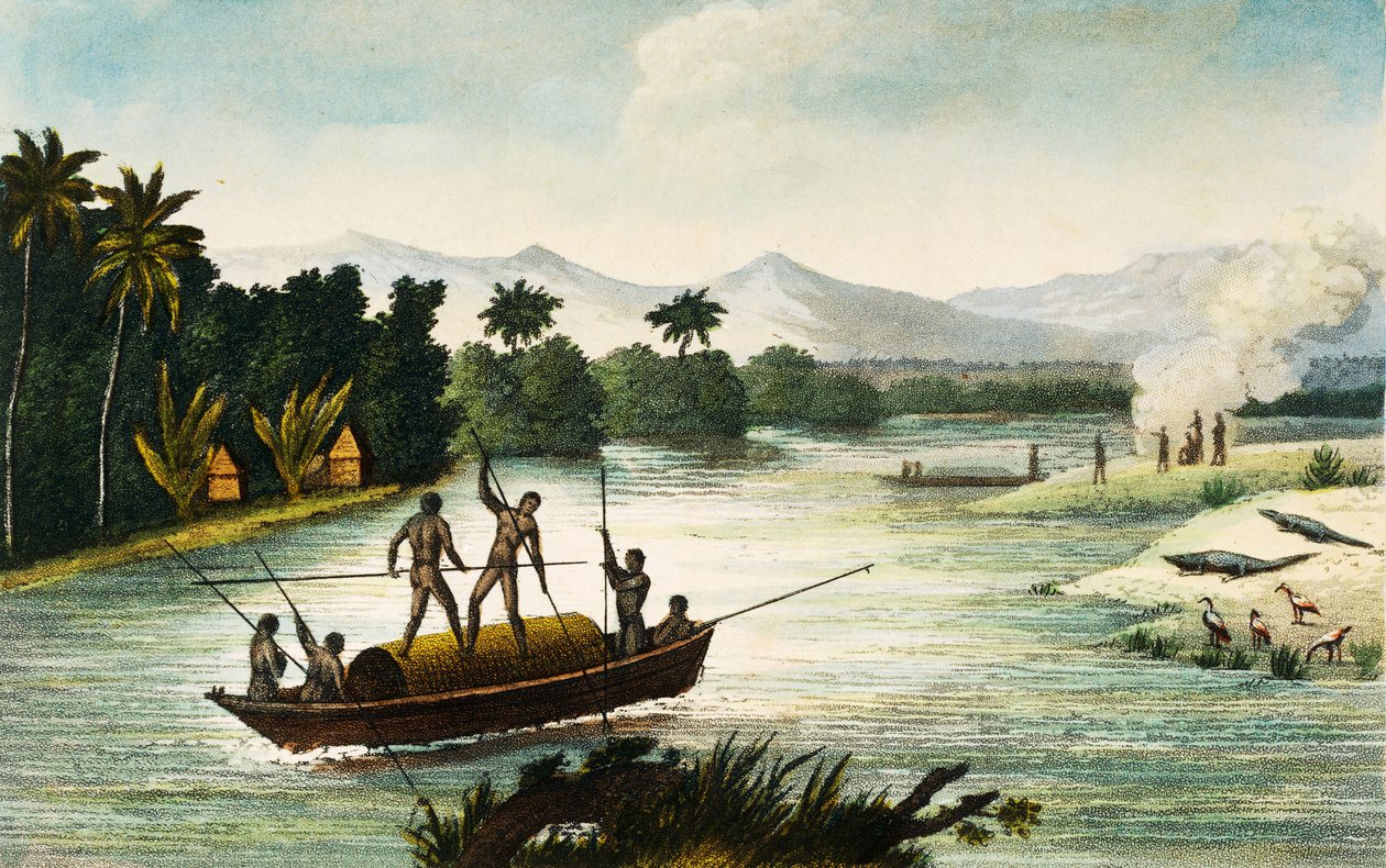 Magdalena River, Kolumbie, rytina Paula Legranda z Cesty po Kolumbijské republice v letech 1822 a 1823, od Gasparda Theodora Molliena (1796-1872), Jižní Amerika od Paul Legrand