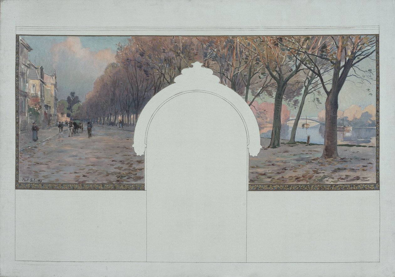 Skica radnice v Asnières: Krajina. Quais de la Seine à Asnières, kolem roku 1901 (olej na plátně, černá tuš) od Paul Léon Felix (attr. to) Schmitt